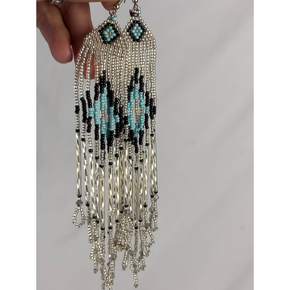 Vintage Beaded Fringe Statement Earrings Turquoise Black White Dangles Handmade - Picture 11 of 12